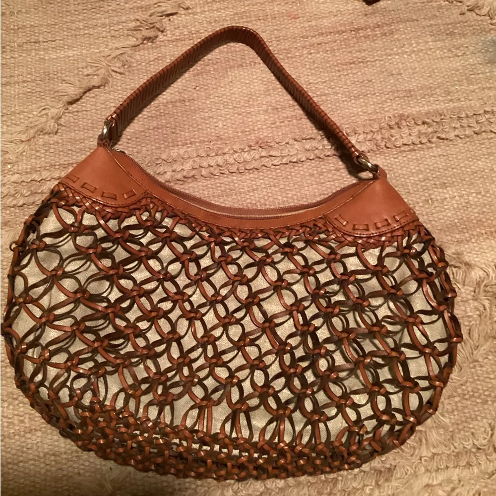 COLE HAAN DARA COLLECTION BROWN LEATHER WOVEN HANDBAG - Picture 2 of 13